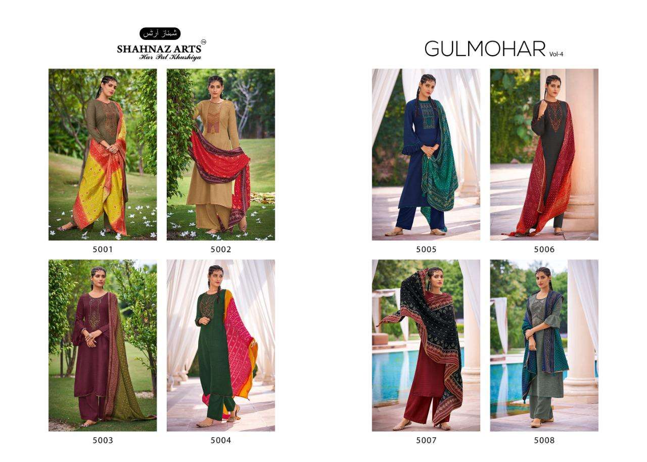 GULMOHAR VOL-4 BY SHAHNAZ ARTS 5001 TO 5008 SERIES INDIAN TRADITIONAL WEAR COLLECTION BEAUTIFUL STYLISH FANCY COLORFUL PARTY WEAR & OCCASIONAL WEAR HEAVY PASHMINA PRINT WITH EMBROIDERY DRESSES AT WHOLESALE PRICE