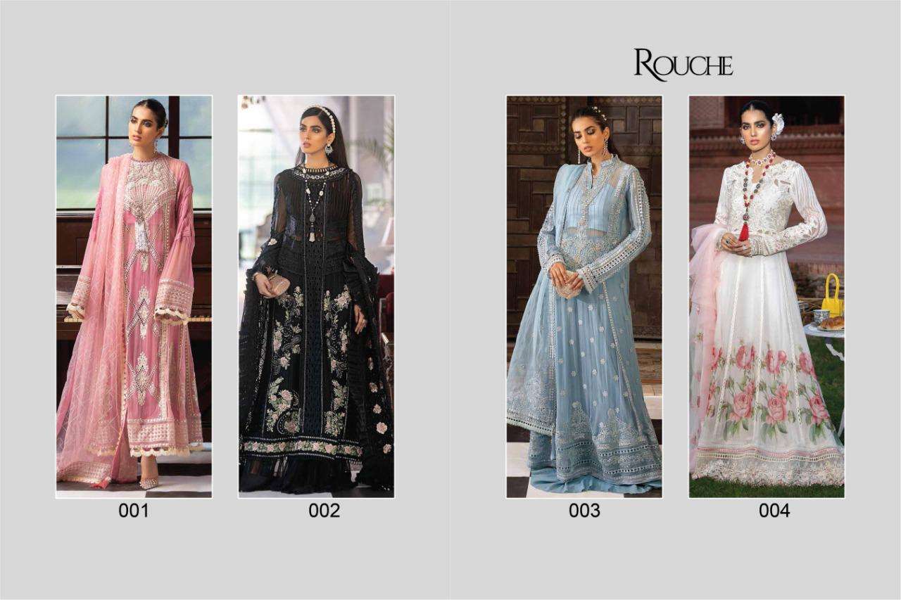 MUSHQ BY ROUCHE 001 TO 004 SERIES BEAUTIFUL STYLISH PAKISATNI SUITS FANCY COLORFUL CASUAL WEAR & ETHNIC WEAR & READY TO WEAR HEAVY FAUX GEORGETTE WITH EMBROIDERY DRESSES AT WHOLESALE PRICE