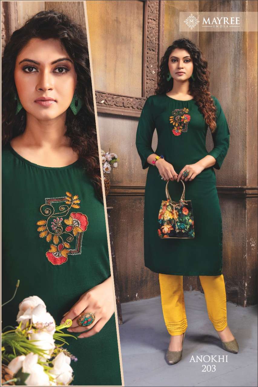 ANOKHI VOL-2 BY MAYREE 201 TO 210 SERIES STYLISH FANCY BEAUTIFUL COLORFUL CASUAL WEAR & ETHNIC WEAR RAYON SLUB EMBROIDERED KURTIS WITH BOTTOM AT WHOLESALE PRICE