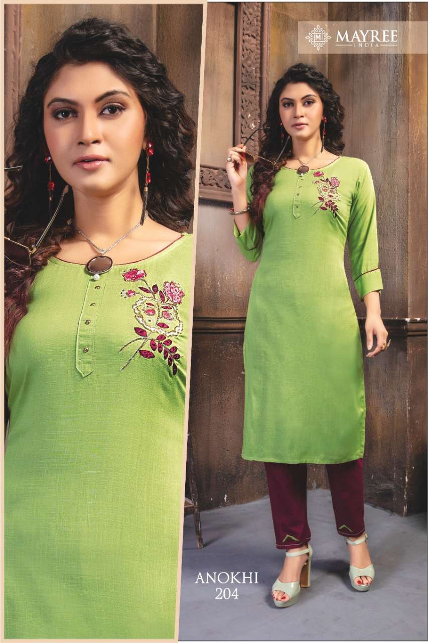 ANOKHI VOL-2 BY MAYREE 201 TO 210 SERIES STYLISH FANCY BEAUTIFUL COLORFUL CASUAL WEAR & ETHNIC WEAR RAYON SLUB EMBROIDERED KURTIS WITH BOTTOM AT WHOLESALE PRICE