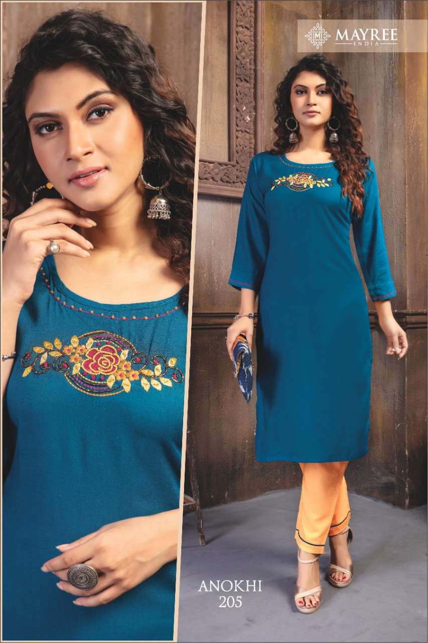 ANOKHI VOL-2 BY MAYREE 201 TO 210 SERIES STYLISH FANCY BEAUTIFUL COLORFUL CASUAL WEAR & ETHNIC WEAR RAYON SLUB EMBROIDERED KURTIS WITH BOTTOM AT WHOLESALE PRICE