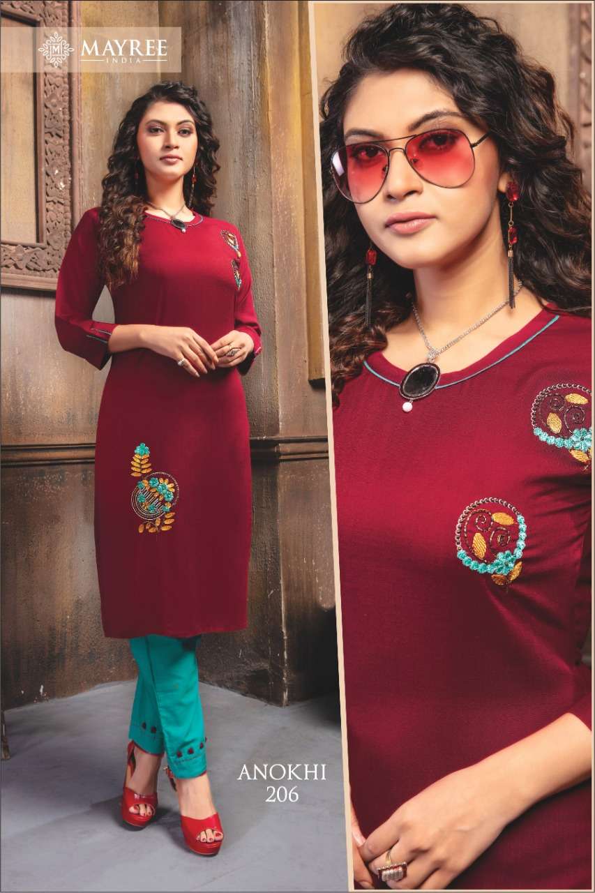 ANOKHI VOL-2 BY MAYREE 201 TO 210 SERIES STYLISH FANCY BEAUTIFUL COLORFUL CASUAL WEAR & ETHNIC WEAR RAYON SLUB EMBROIDERED KURTIS WITH BOTTOM AT WHOLESALE PRICE