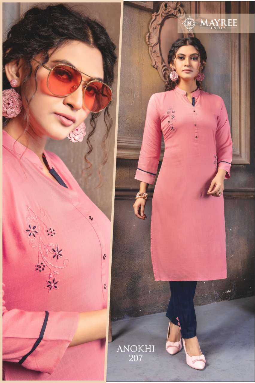 ANOKHI VOL-2 BY MAYREE 201 TO 210 SERIES STYLISH FANCY BEAUTIFUL COLORFUL CASUAL WEAR & ETHNIC WEAR RAYON SLUB EMBROIDERED KURTIS WITH BOTTOM AT WHOLESALE PRICE