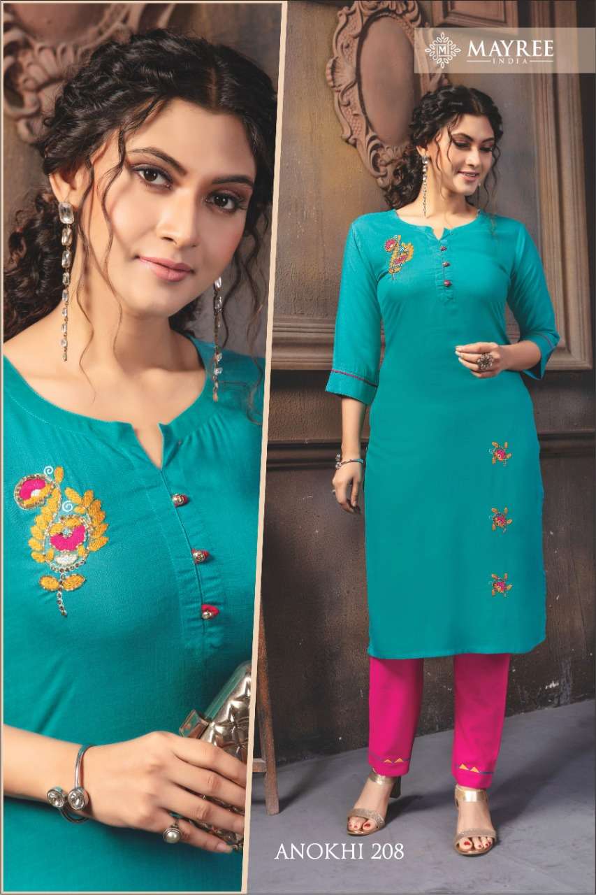 ANOKHI VOL-2 BY MAYREE 201 TO 210 SERIES STYLISH FANCY BEAUTIFUL COLORFUL CASUAL WEAR & ETHNIC WEAR RAYON SLUB EMBROIDERED KURTIS WITH BOTTOM AT WHOLESALE PRICE