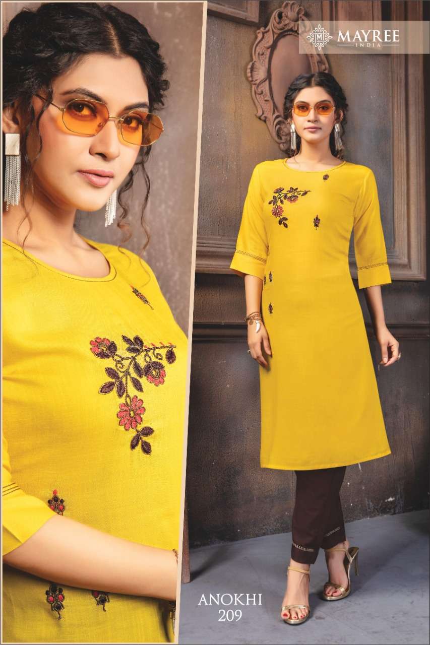 ANOKHI VOL-2 BY MAYREE 201 TO 210 SERIES STYLISH FANCY BEAUTIFUL COLORFUL CASUAL WEAR & ETHNIC WEAR RAYON SLUB EMBROIDERED KURTIS WITH BOTTOM AT WHOLESALE PRICE