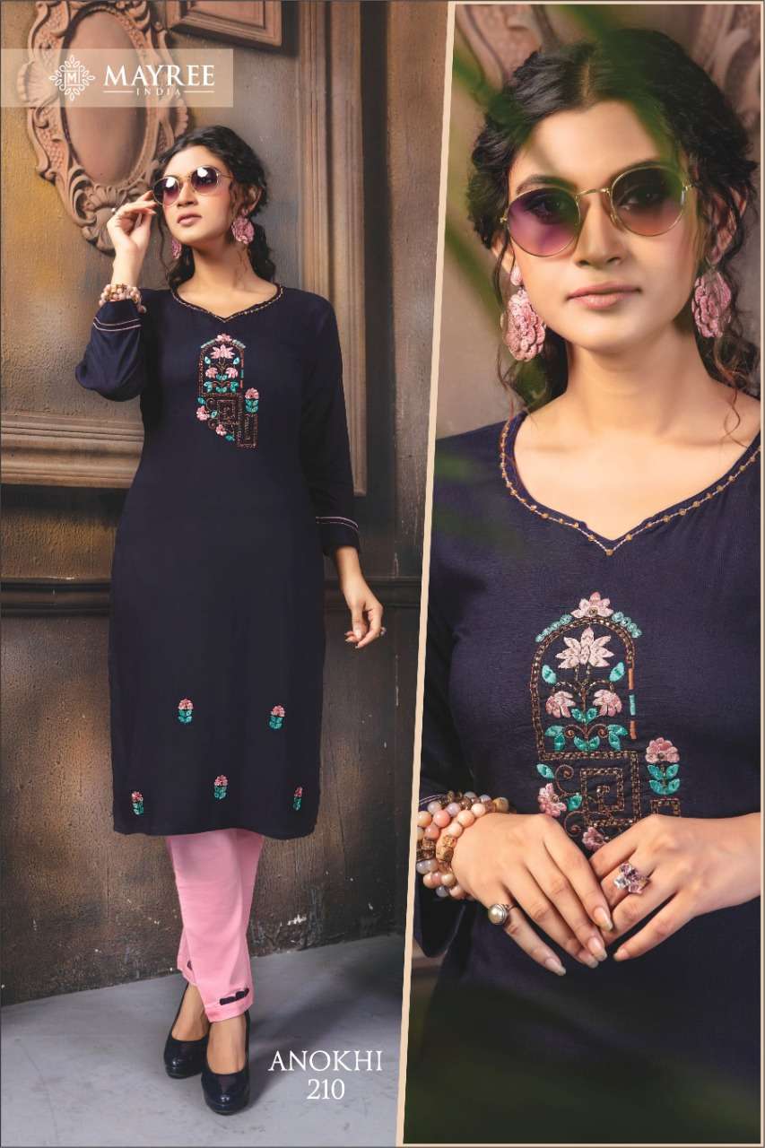ANOKHI VOL-2 BY MAYREE 201 TO 210 SERIES STYLISH FANCY BEAUTIFUL COLORFUL CASUAL WEAR & ETHNIC WEAR RAYON SLUB EMBROIDERED KURTIS WITH BOTTOM AT WHOLESALE PRICE