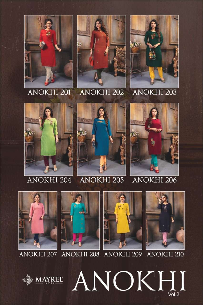 ANOKHI VOL-2 BY MAYREE 201 TO 210 SERIES STYLISH FANCY BEAUTIFUL COLORFUL CASUAL WEAR & ETHNIC WEAR RAYON SLUB EMBROIDERED KURTIS WITH BOTTOM AT WHOLESALE PRICE