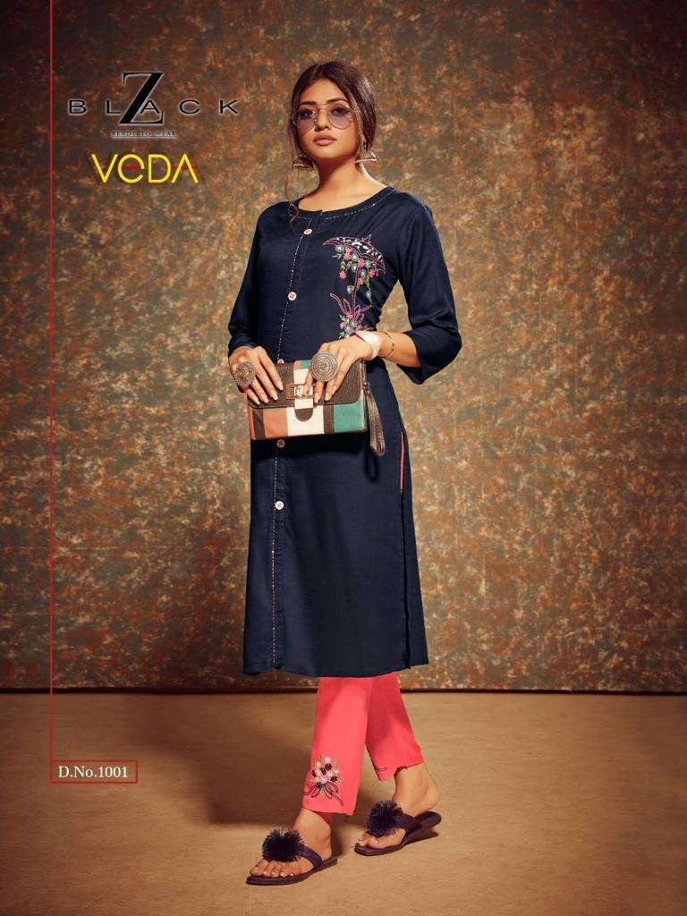 VEDA BY Z BLACK 1001 TO 1006 SERIES BEAUTIFUL STYLISH COLORFUL FANCY PARTY WEAR & ETHNIC WEAR & READY TO WEAR RAYON SLUB WITH EMBROIDERY KURTIS AT WHOLESALE PRICE