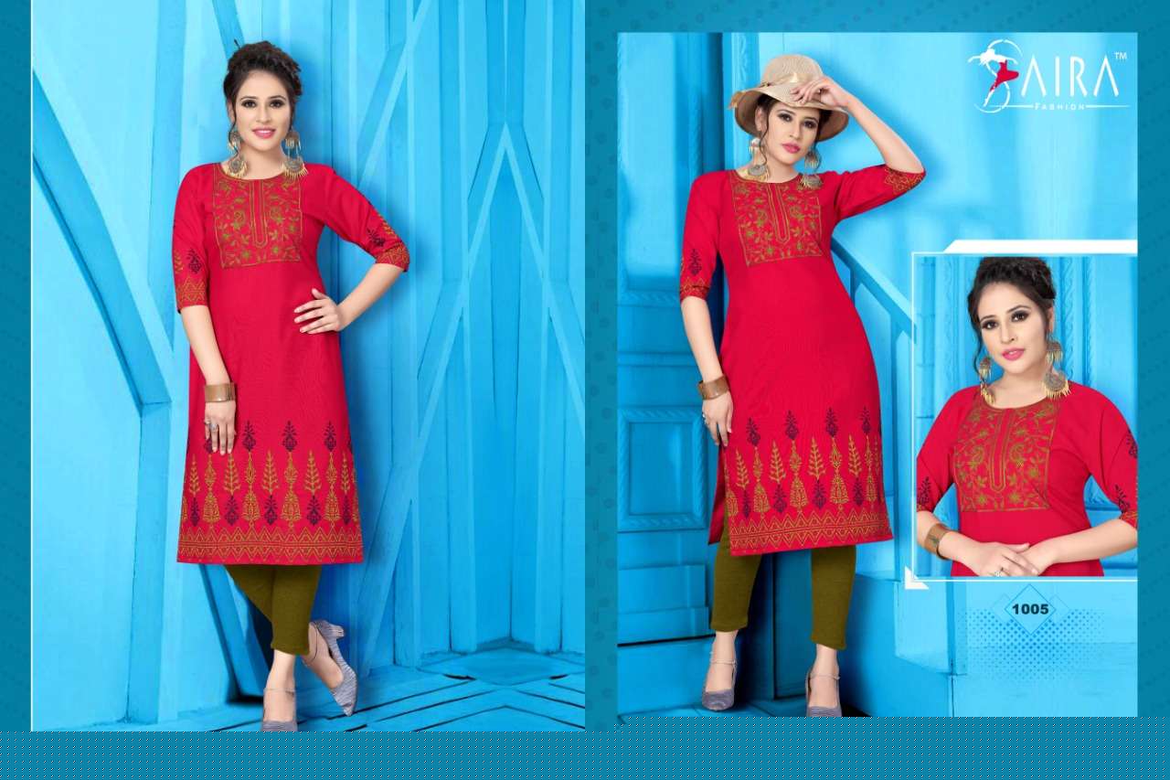 SUNHERI BY SAIRA FASHION 1001 TO 1006 SERIES BEAUTIFUL STYLISH COLORFUL FANCY PARTY WEAR & ETHNIC WEAR & READY TO WEAR HEAVY RAYON SLUB COTTON KURTIS AT WHOLESALE PRICE