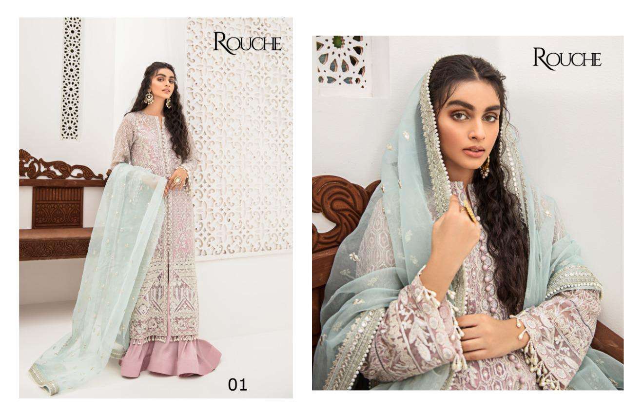 QALAMKAR BY ROUCHE 01 TO 04 BEAUTIFUL COLORFUL STYLISH FANCY CASUAL WEAR & ETHNIC WEAR & READY TO WEAR HEAVY BUTTERFLY NET WITH EMBROIDERY DRESSES AT WHOLESALE PRICE