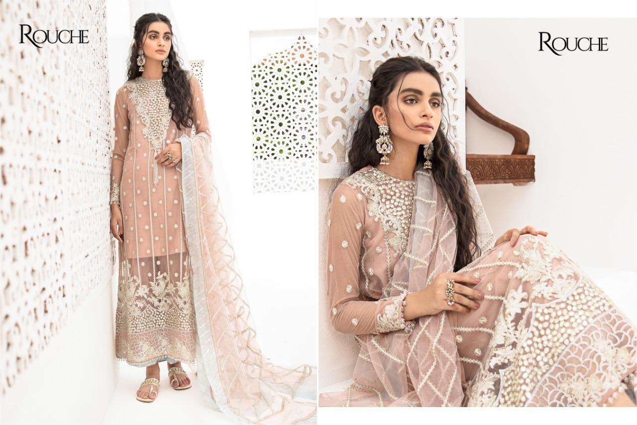 QALAMKAR BY ROUCHE 01 TO 04 BEAUTIFUL COLORFUL STYLISH FANCY CASUAL WEAR & ETHNIC WEAR & READY TO WEAR HEAVY BUTTERFLY NET WITH EMBROIDERY DRESSES AT WHOLESALE PRICE