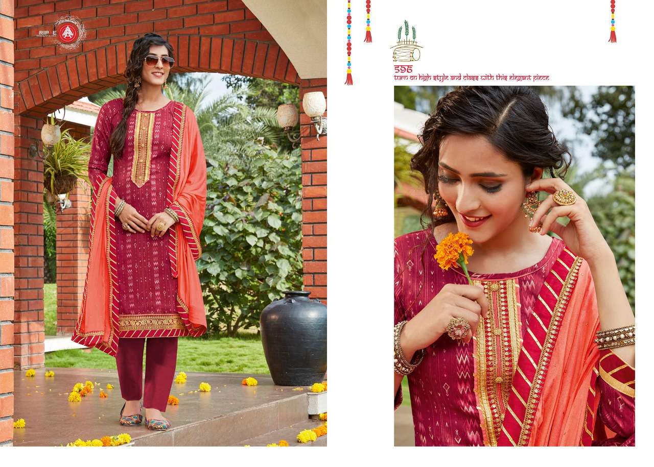 KUMKUM BY AAA DESIGN STUDIO 591 TO 596 SERIES BEAUTIFUL COLORFUL STYLISH FANCY CASUAL WEAR & ETHNIC WEAR & READY TO WEAR JAM PRINTED WITH EMBROIDERY DRESSES AT WHOLESALE PRICE