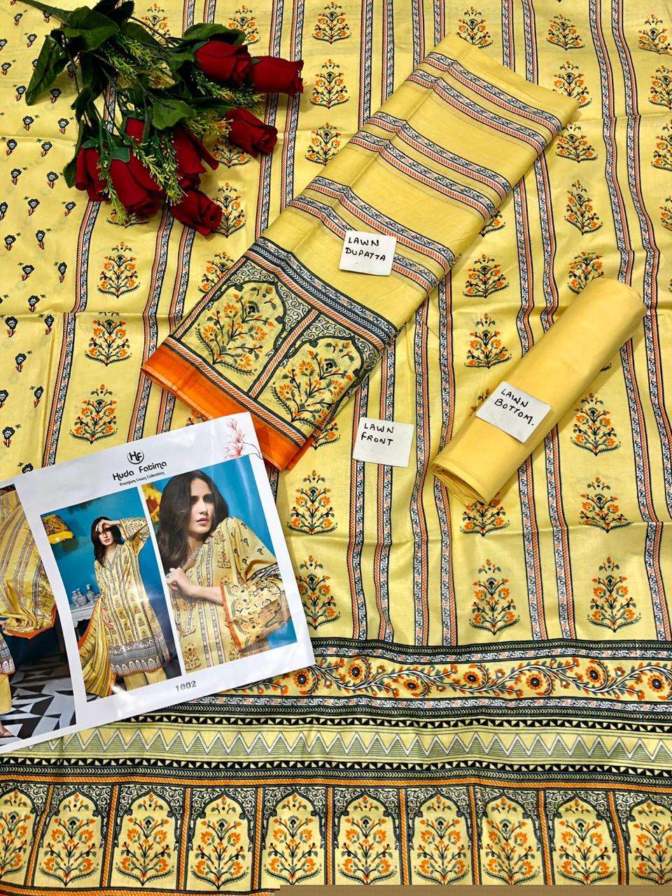 HUDA FATIMA PREMIUM LAWN COLLECTION BY HUDA FATIMA 01 TO 10 SERIES BEAUTIFUL COLORFUL STYLISH FANCY CASUAL WEAR & ETHNIC WEAR & READY TO WEAR PURE CAMBRIC PRINTED DRESSES AT WHOLESALE PRICE