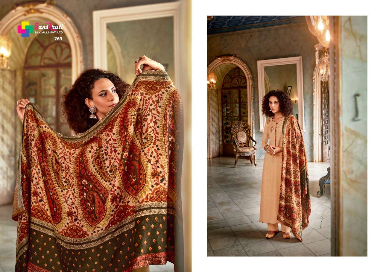 FAWZIYAH BY SANSKRUTI SILK MILLS 760 TO 769 SERIES BEAUTIFUL COLORFUL STYLISH FANCY CASUAL WEAR & ETHNIC WEAR & READY TO WEAR PURE PASHMINA WOOL DIGITAL PRINT WITH EMBROIDERY DRESSES AT WHOLESALE PRICE