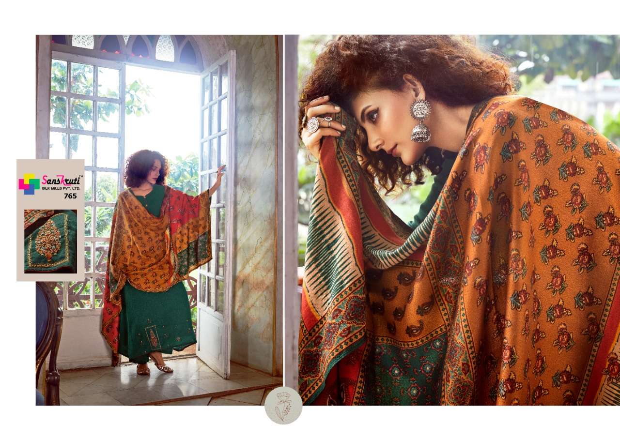 FAWZIYAH BY SANSKRUTI SILK MILLS 760 TO 769 SERIES BEAUTIFUL COLORFUL STYLISH FANCY CASUAL WEAR & ETHNIC WEAR & READY TO WEAR PURE PASHMINA WOOL DIGITAL PRINT WITH EMBROIDERY DRESSES AT WHOLESALE PRICE