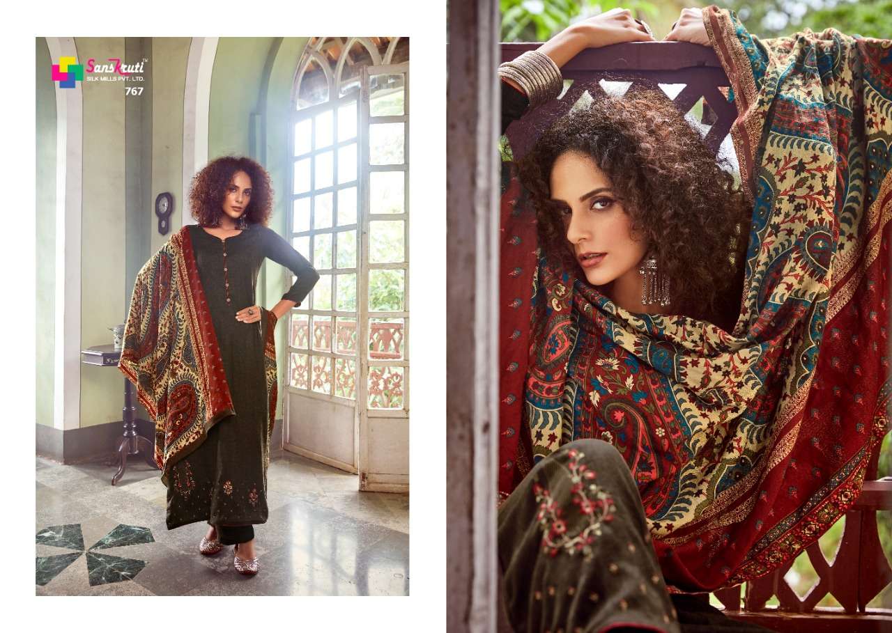 FAWZIYAH BY SANSKRUTI SILK MILLS 760 TO 769 SERIES BEAUTIFUL COLORFUL STYLISH FANCY CASUAL WEAR & ETHNIC WEAR & READY TO WEAR PURE PASHMINA WOOL DIGITAL PRINT WITH EMBROIDERY DRESSES AT WHOLESALE PRICE