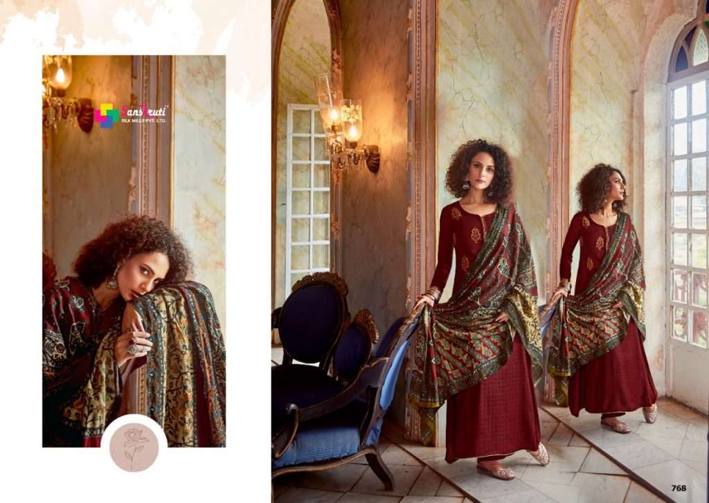 FAWZIYAH BY SANSKRUTI SILK MILLS 760 TO 769 SERIES BEAUTIFUL COLORFUL STYLISH FANCY CASUAL WEAR & ETHNIC WEAR & READY TO WEAR PURE PASHMINA WOOL DIGITAL PRINT WITH EMBROIDERY DRESSES AT WHOLESALE PRICE