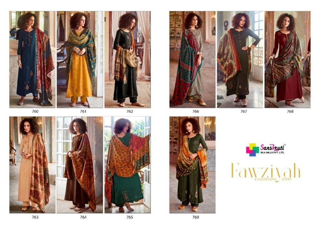 FAWZIYAH BY SANSKRUTI SILK MILLS 760 TO 769 SERIES BEAUTIFUL COLORFUL STYLISH FANCY CASUAL WEAR & ETHNIC WEAR & READY TO WEAR PURE PASHMINA WOOL DIGITAL PRINT WITH EMBROIDERY DRESSES AT WHOLESALE PRICE