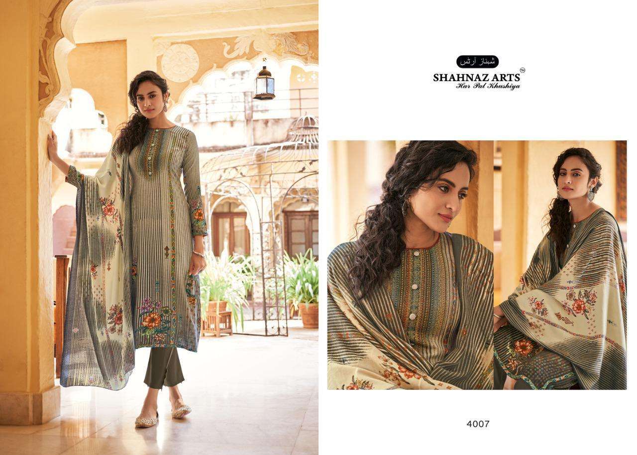 GULSHAN VOL-5 BY SHAHNAZ ARTS 4001 TO 4008 SERIES BEAUTIFUL STYLISH FANCY COLORFUL CASUAL WEAR & ETHNIC WEAR HEAVY PASHMINA PRINT WITH WORK DRESSES AT WHOLESALE PRICE