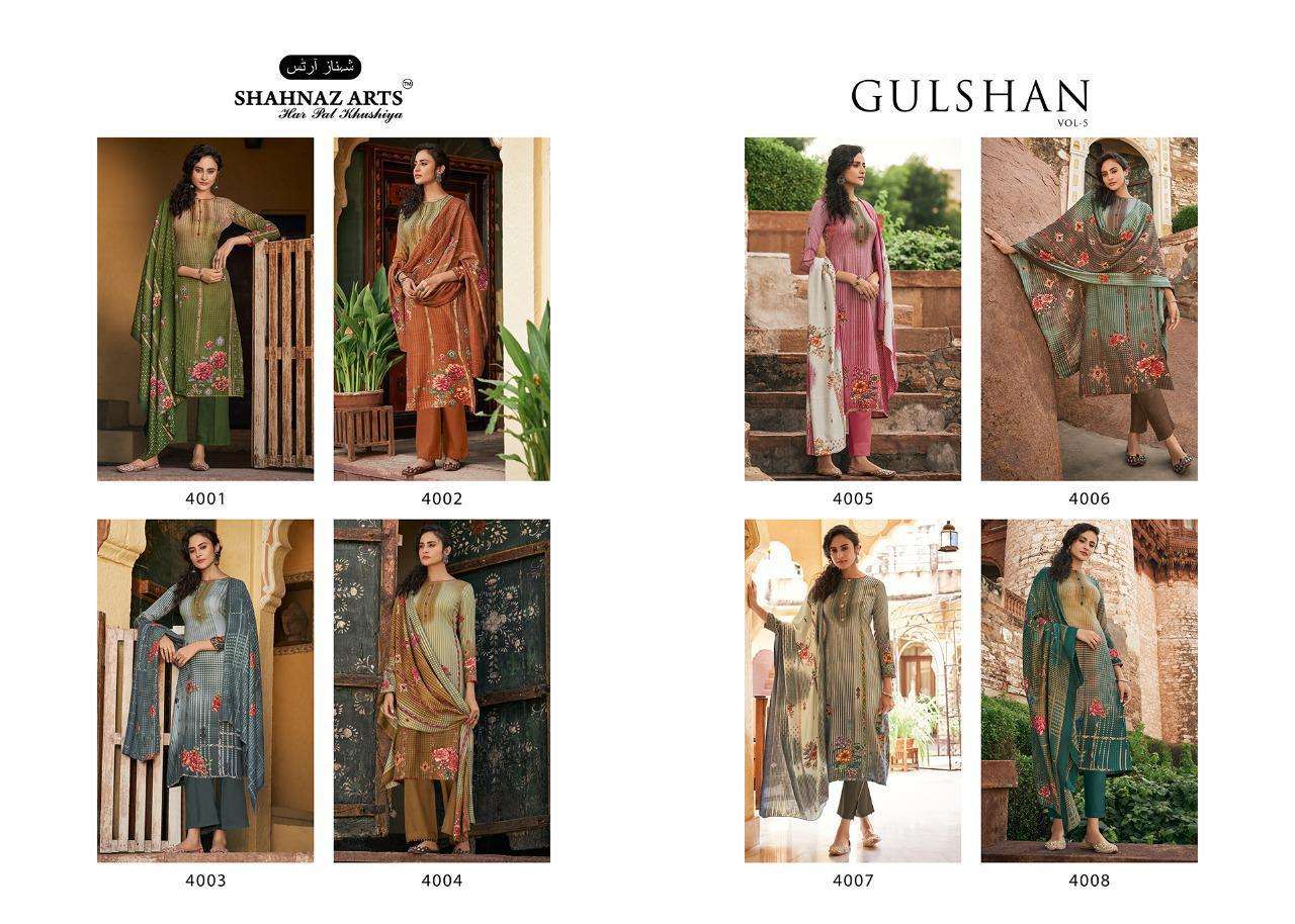 GULSHAN VOL-5 BY SHAHNAZ ARTS 4001 TO 4008 SERIES BEAUTIFUL STYLISH FANCY COLORFUL CASUAL WEAR & ETHNIC WEAR HEAVY PASHMINA PRINT WITH WORK DRESSES AT WHOLESALE PRICE