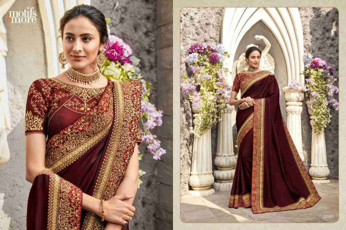 M AND M VOL-12 BY MOTIFS AND MORE 12001 TO 12016 SERIES INDIAN TRADITIONAL WEAR COLLECTION BEAUTIFUL STYLISH FANCY COLORFUL PARTY WEAR & OCCASIONAL WEAR SATIN GEORGETTE SAREES AT WHOLESALE PRICE