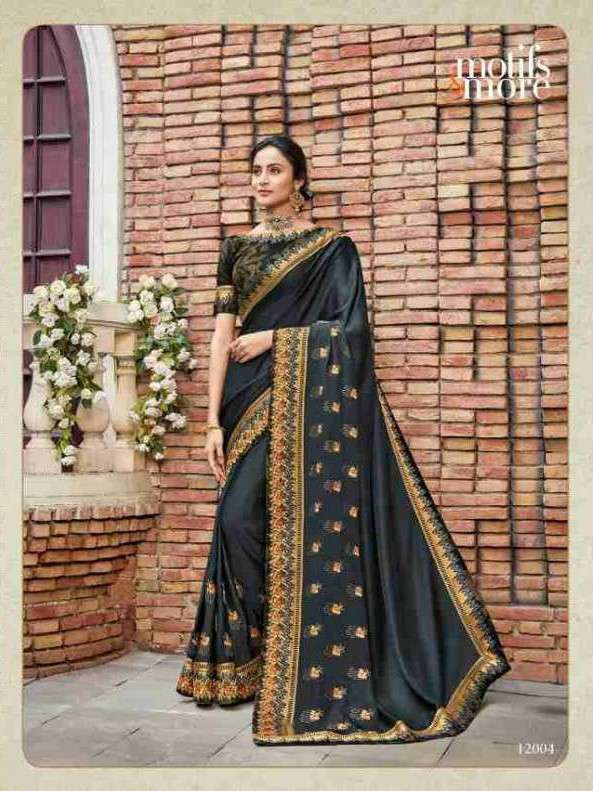 M AND M VOL-12 BY MOTIFS AND MORE 12001 TO 12016 SERIES INDIAN TRADITIONAL WEAR COLLECTION BEAUTIFUL STYLISH FANCY COLORFUL PARTY WEAR & OCCASIONAL WEAR SATIN GEORGETTE SAREES AT WHOLESALE PRICE