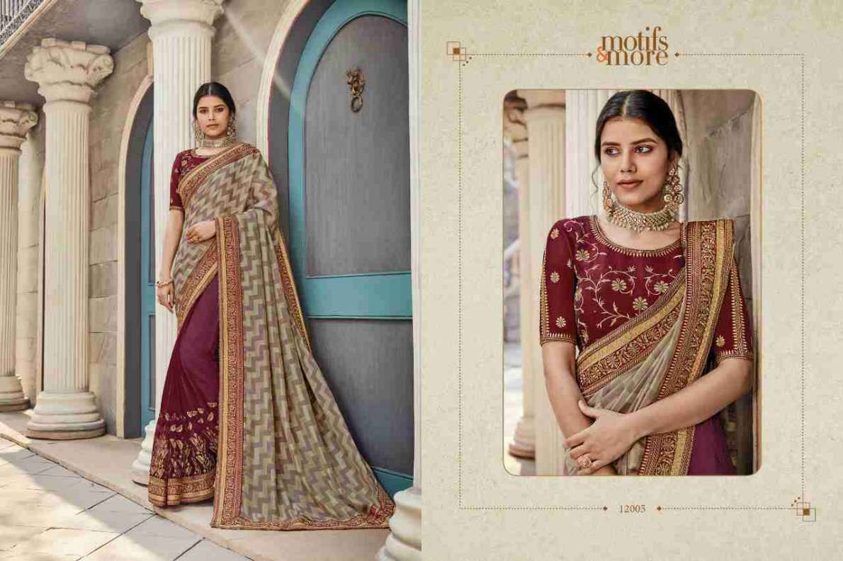 M AND M VOL-12 BY MOTIFS AND MORE 12001 TO 12016 SERIES INDIAN TRADITIONAL WEAR COLLECTION BEAUTIFUL STYLISH FANCY COLORFUL PARTY WEAR & OCCASIONAL WEAR SATIN GEORGETTE SAREES AT WHOLESALE PRICE
