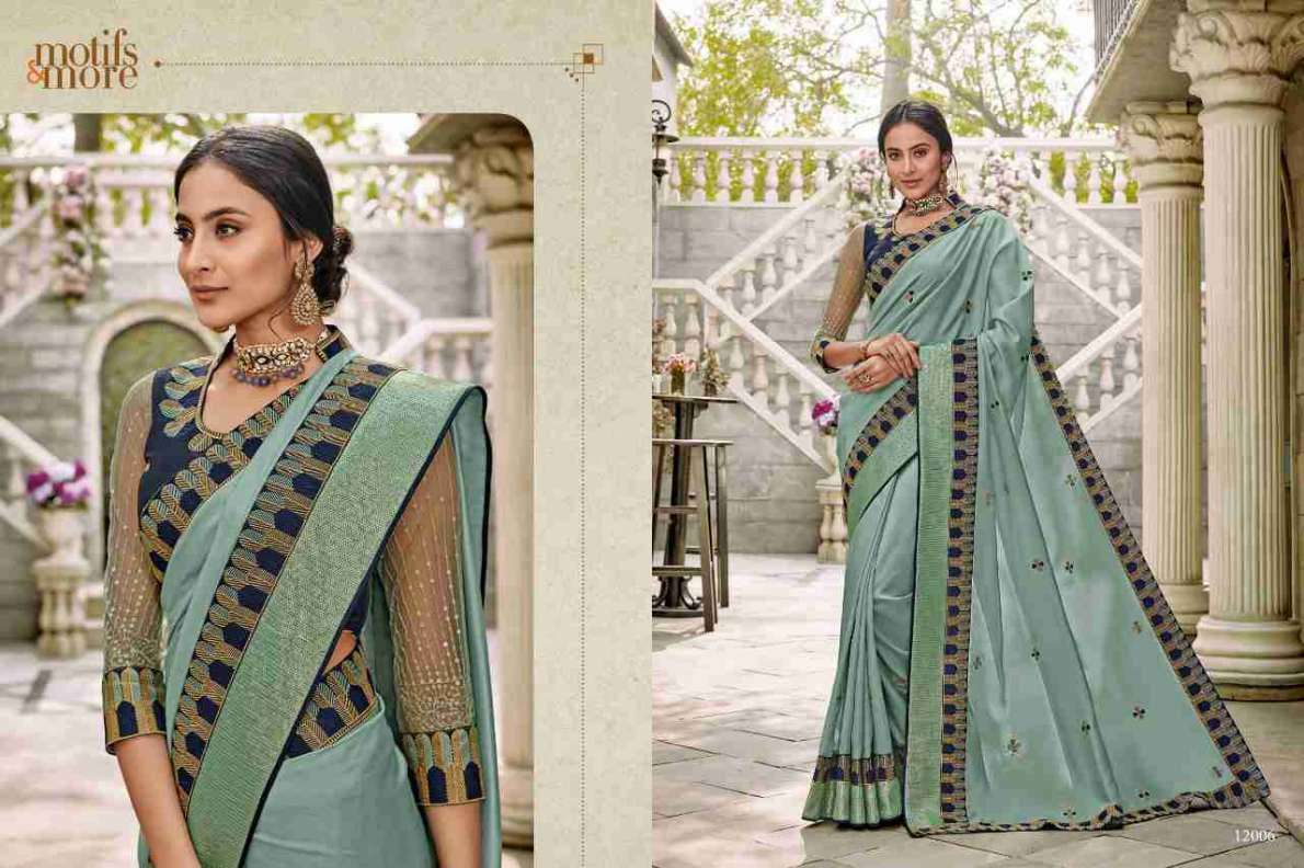 M AND M VOL-12 BY MOTIFS AND MORE 12001 TO 12016 SERIES INDIAN TRADITIONAL WEAR COLLECTION BEAUTIFUL STYLISH FANCY COLORFUL PARTY WEAR & OCCASIONAL WEAR SATIN GEORGETTE SAREES AT WHOLESALE PRICE