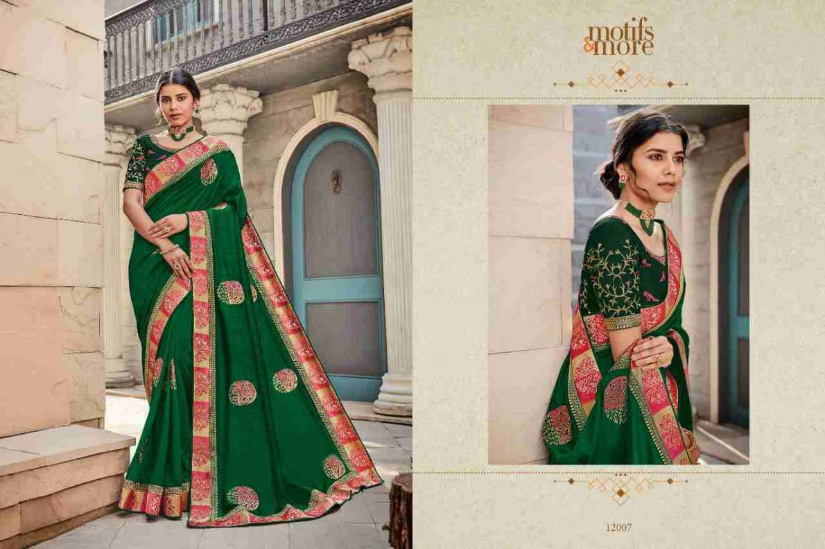 M AND M VOL-12 BY MOTIFS AND MORE 12001 TO 12016 SERIES INDIAN TRADITIONAL WEAR COLLECTION BEAUTIFUL STYLISH FANCY COLORFUL PARTY WEAR & OCCASIONAL WEAR SATIN GEORGETTE SAREES AT WHOLESALE PRICE