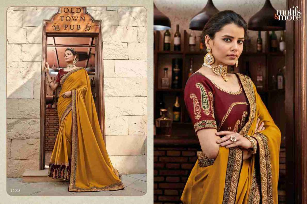 M AND M VOL-12 BY MOTIFS AND MORE 12001 TO 12016 SERIES INDIAN TRADITIONAL WEAR COLLECTION BEAUTIFUL STYLISH FANCY COLORFUL PARTY WEAR & OCCASIONAL WEAR SATIN GEORGETTE SAREES AT WHOLESALE PRICE