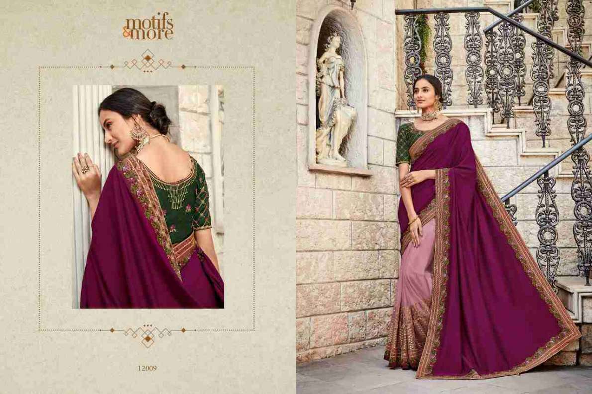 M AND M VOL-12 BY MOTIFS AND MORE 12001 TO 12016 SERIES INDIAN TRADITIONAL WEAR COLLECTION BEAUTIFUL STYLISH FANCY COLORFUL PARTY WEAR & OCCASIONAL WEAR SATIN GEORGETTE SAREES AT WHOLESALE PRICE