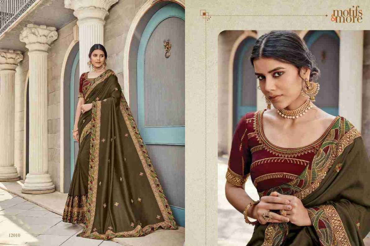 M AND M VOL-12 BY MOTIFS AND MORE 12001 TO 12016 SERIES INDIAN TRADITIONAL WEAR COLLECTION BEAUTIFUL STYLISH FANCY COLORFUL PARTY WEAR & OCCASIONAL WEAR SATIN GEORGETTE SAREES AT WHOLESALE PRICE