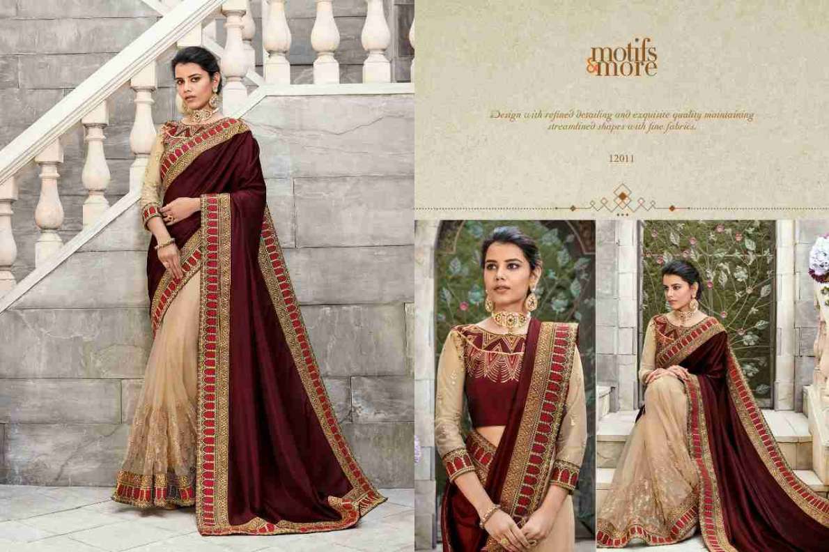 M AND M VOL-12 BY MOTIFS AND MORE 12001 TO 12016 SERIES INDIAN TRADITIONAL WEAR COLLECTION BEAUTIFUL STYLISH FANCY COLORFUL PARTY WEAR & OCCASIONAL WEAR SATIN GEORGETTE SAREES AT WHOLESALE PRICE