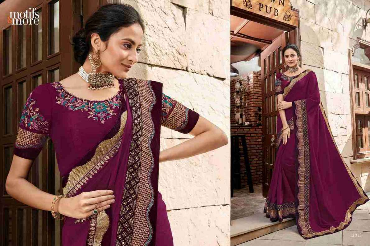 M AND M VOL-12 BY MOTIFS AND MORE 12001 TO 12016 SERIES INDIAN TRADITIONAL WEAR COLLECTION BEAUTIFUL STYLISH FANCY COLORFUL PARTY WEAR & OCCASIONAL WEAR SATIN GEORGETTE SAREES AT WHOLESALE PRICE