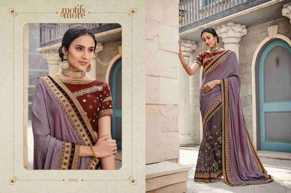 M AND M VOL-12 BY MOTIFS AND MORE 12001 TO 12016 SERIES INDIAN TRADITIONAL WEAR COLLECTION BEAUTIFUL STYLISH FANCY COLORFUL PARTY WEAR & OCCASIONAL WEAR SATIN GEORGETTE SAREES AT WHOLESALE PRICE