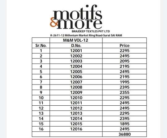 M AND M VOL-12 BY MOTIFS AND MORE 12001 TO 12016 SERIES INDIAN TRADITIONAL WEAR COLLECTION BEAUTIFUL STYLISH FANCY COLORFUL PARTY WEAR & OCCASIONAL WEAR SATIN GEORGETTE SAREES AT WHOLESALE PRICE