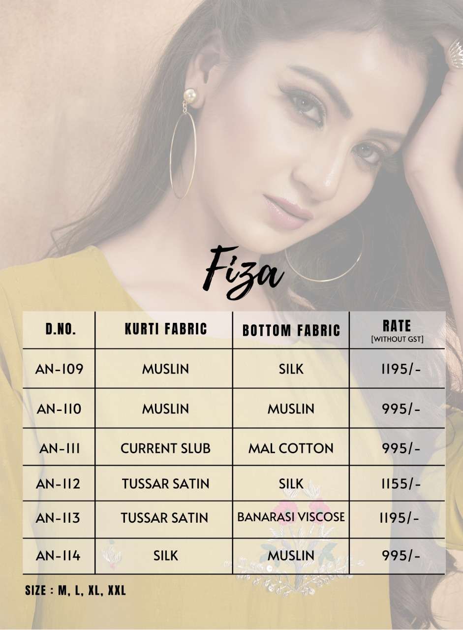 FIZA BY ANYUKA 109 TO 114 SERIES STYLISH FANCY BEAUTIFUL COLORFUL CASUAL WEAR & ETHNIC WEAR MUSLIN/TUSSAR SATIN/SILK KURTIS WITH BOTTOM AT WHOLESALE PRICE