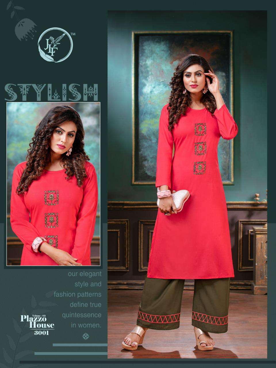 PLAZZO HOUSE VOL-3 BY JLF 3001 TO 3008 SERIES STYLISH FANCY BEAUTIFUL COLORFUL CASUAL WEAR & ETHNIC WEAR HEAVY RAYON EMBROIDERED KURTIS WITH BOTTOM AT WHOLESALE PRICE