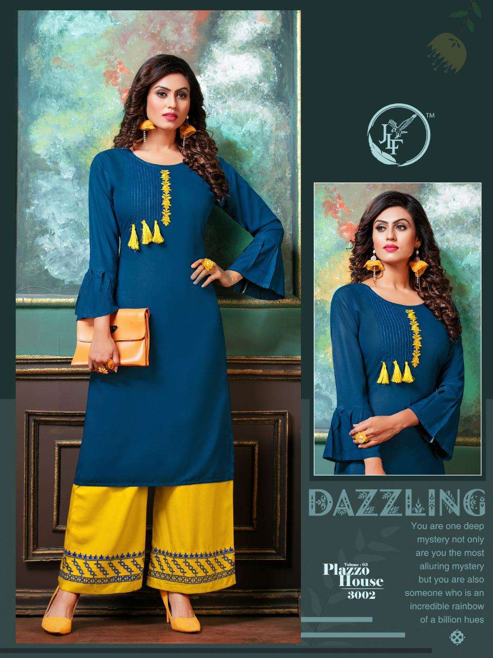 PLAZZO HOUSE VOL-3 BY JLF 3001 TO 3008 SERIES STYLISH FANCY BEAUTIFUL COLORFUL CASUAL WEAR & ETHNIC WEAR HEAVY RAYON EMBROIDERED KURTIS WITH BOTTOM AT WHOLESALE PRICE