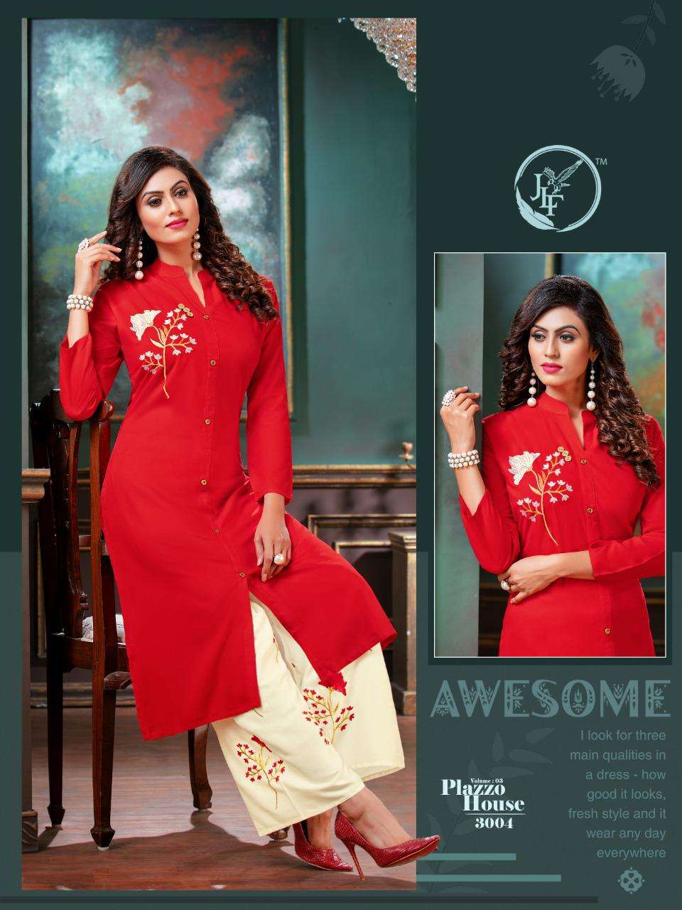 PLAZZO HOUSE VOL-3 BY JLF 3001 TO 3008 SERIES STYLISH FANCY BEAUTIFUL COLORFUL CASUAL WEAR & ETHNIC WEAR HEAVY RAYON EMBROIDERED KURTIS WITH BOTTOM AT WHOLESALE PRICE