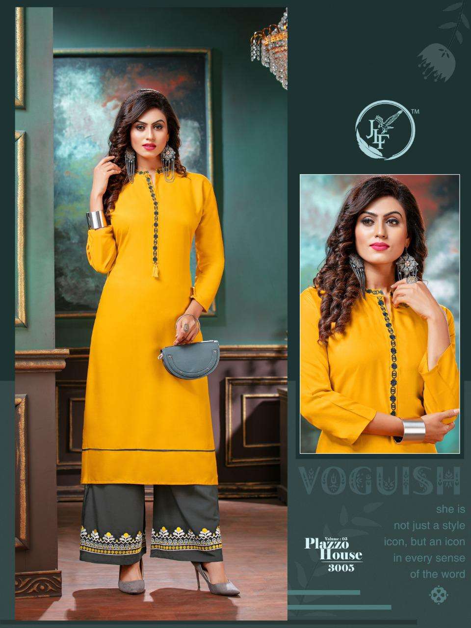PLAZZO HOUSE VOL-3 BY JLF 3001 TO 3008 SERIES STYLISH FANCY BEAUTIFUL COLORFUL CASUAL WEAR & ETHNIC WEAR HEAVY RAYON EMBROIDERED KURTIS WITH BOTTOM AT WHOLESALE PRICE