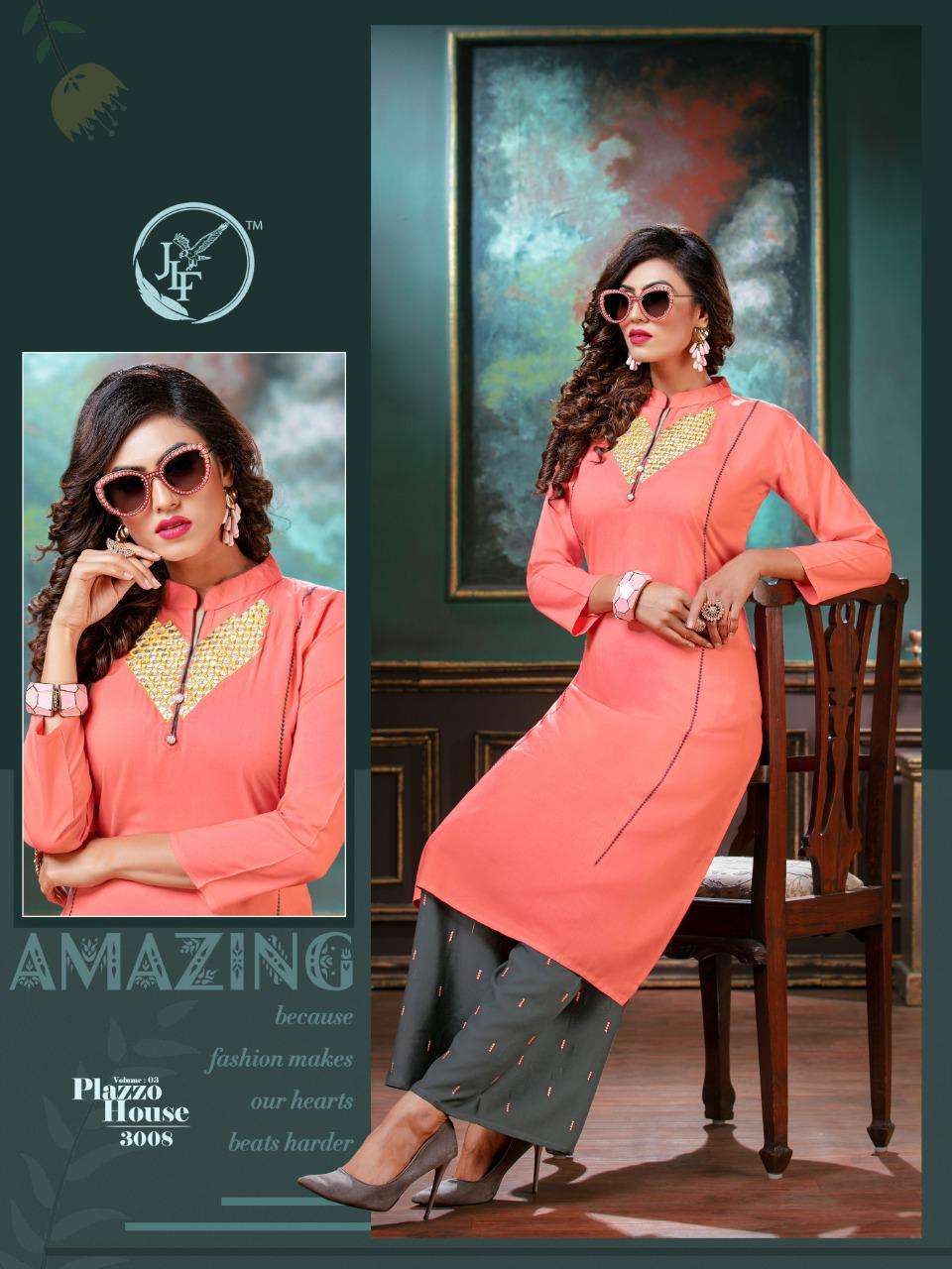 PLAZZO HOUSE VOL-3 BY JLF 3001 TO 3008 SERIES STYLISH FANCY BEAUTIFUL COLORFUL CASUAL WEAR & ETHNIC WEAR HEAVY RAYON EMBROIDERED KURTIS WITH BOTTOM AT WHOLESALE PRICE