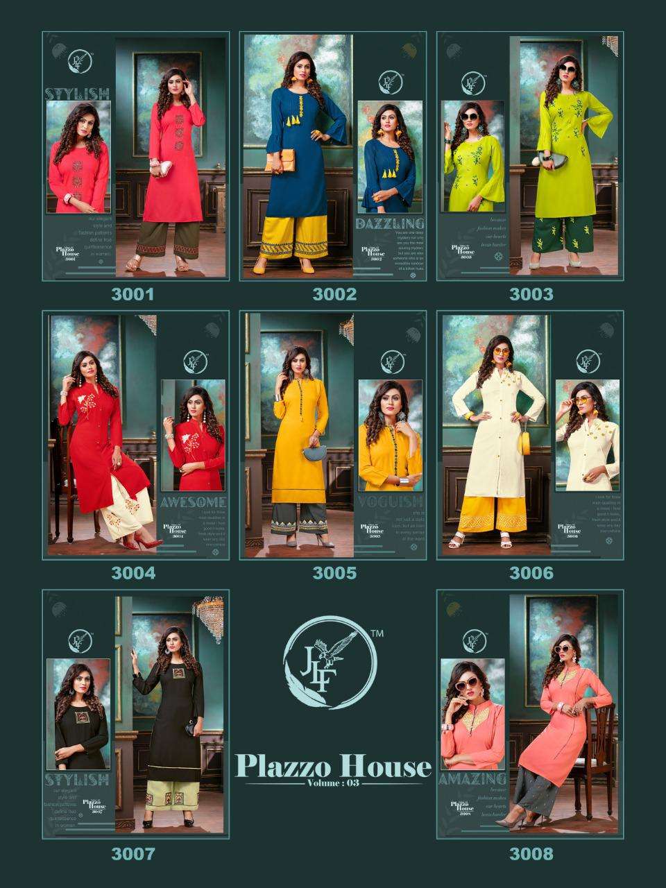 PLAZZO HOUSE VOL-3 BY JLF 3001 TO 3008 SERIES STYLISH FANCY BEAUTIFUL COLORFUL CASUAL WEAR & ETHNIC WEAR HEAVY RAYON EMBROIDERED KURTIS WITH BOTTOM AT WHOLESALE PRICE