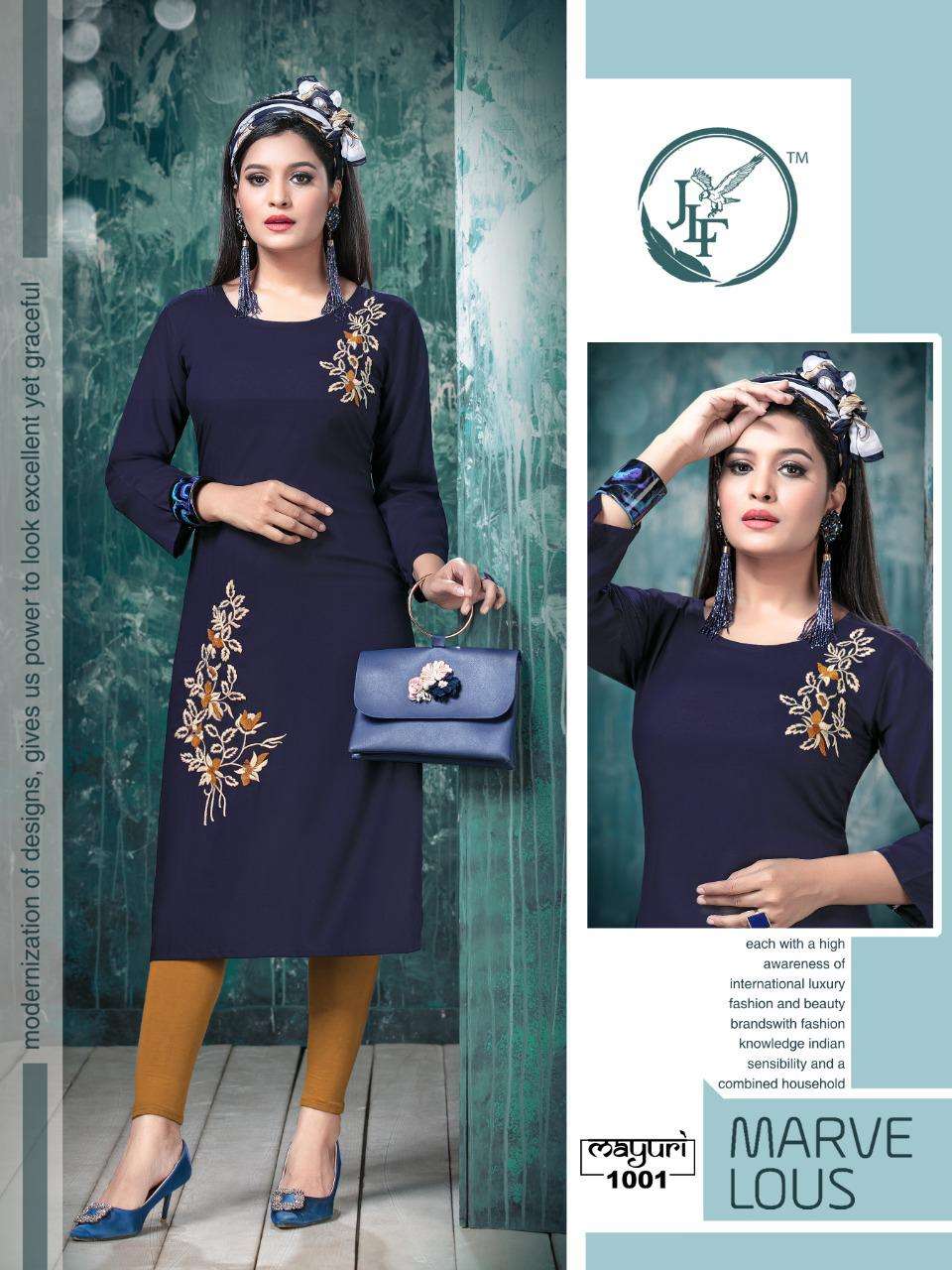 MAYURI BY JLF 1001 TO 1008 SERIES STYLISH FANCY BEAUTIFUL COLORFUL CASUAL WEAR & ETHNIC WEAR HEAVY RAYON EMBROIDERED KURTIS AT WHOLESALE PRICE