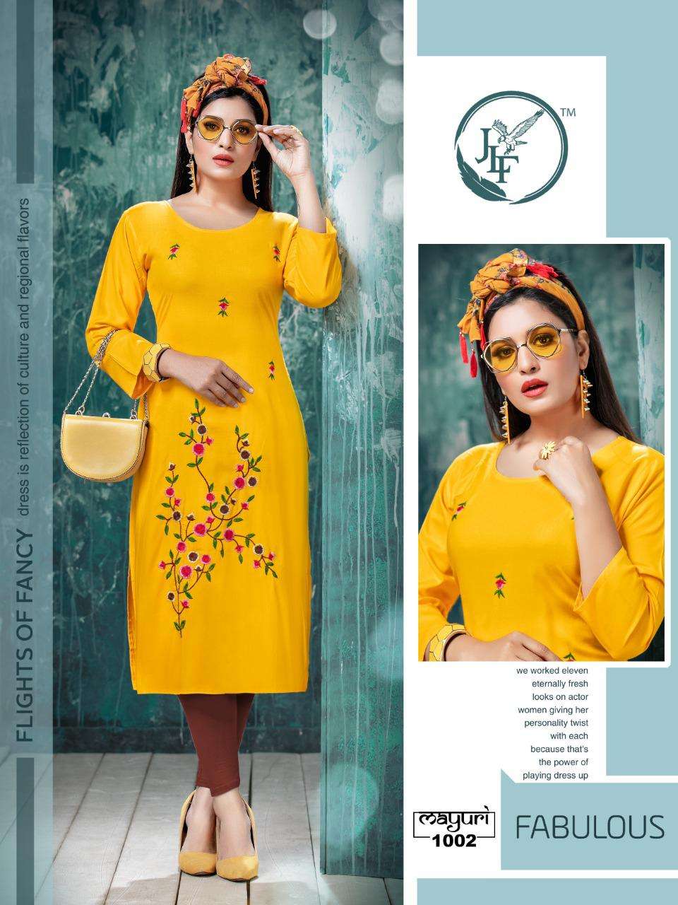 MAYURI BY JLF 1001 TO 1008 SERIES STYLISH FANCY BEAUTIFUL COLORFUL CASUAL WEAR & ETHNIC WEAR HEAVY RAYON EMBROIDERED KURTIS AT WHOLESALE PRICE