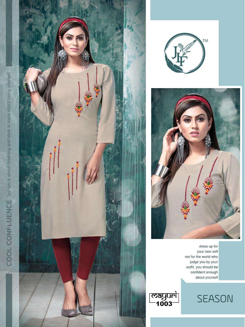 MAYURI BY JLF 1001 TO 1008 SERIES STYLISH FANCY BEAUTIFUL COLORFUL CASUAL WEAR & ETHNIC WEAR HEAVY RAYON EMBROIDERED KURTIS AT WHOLESALE PRICE