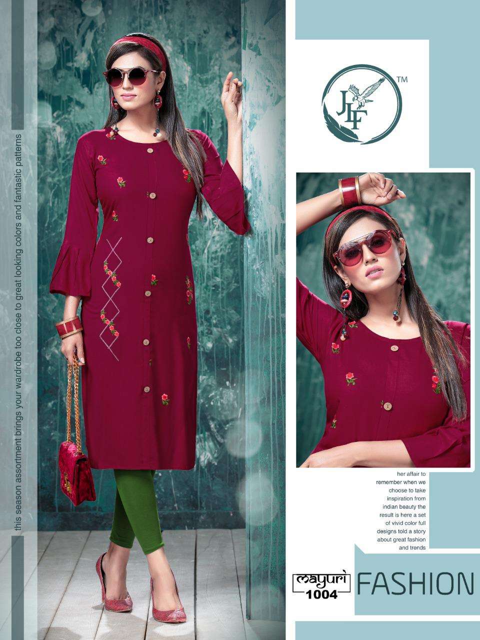 MAYURI BY JLF 1001 TO 1008 SERIES STYLISH FANCY BEAUTIFUL COLORFUL CASUAL WEAR & ETHNIC WEAR HEAVY RAYON EMBROIDERED KURTIS AT WHOLESALE PRICE