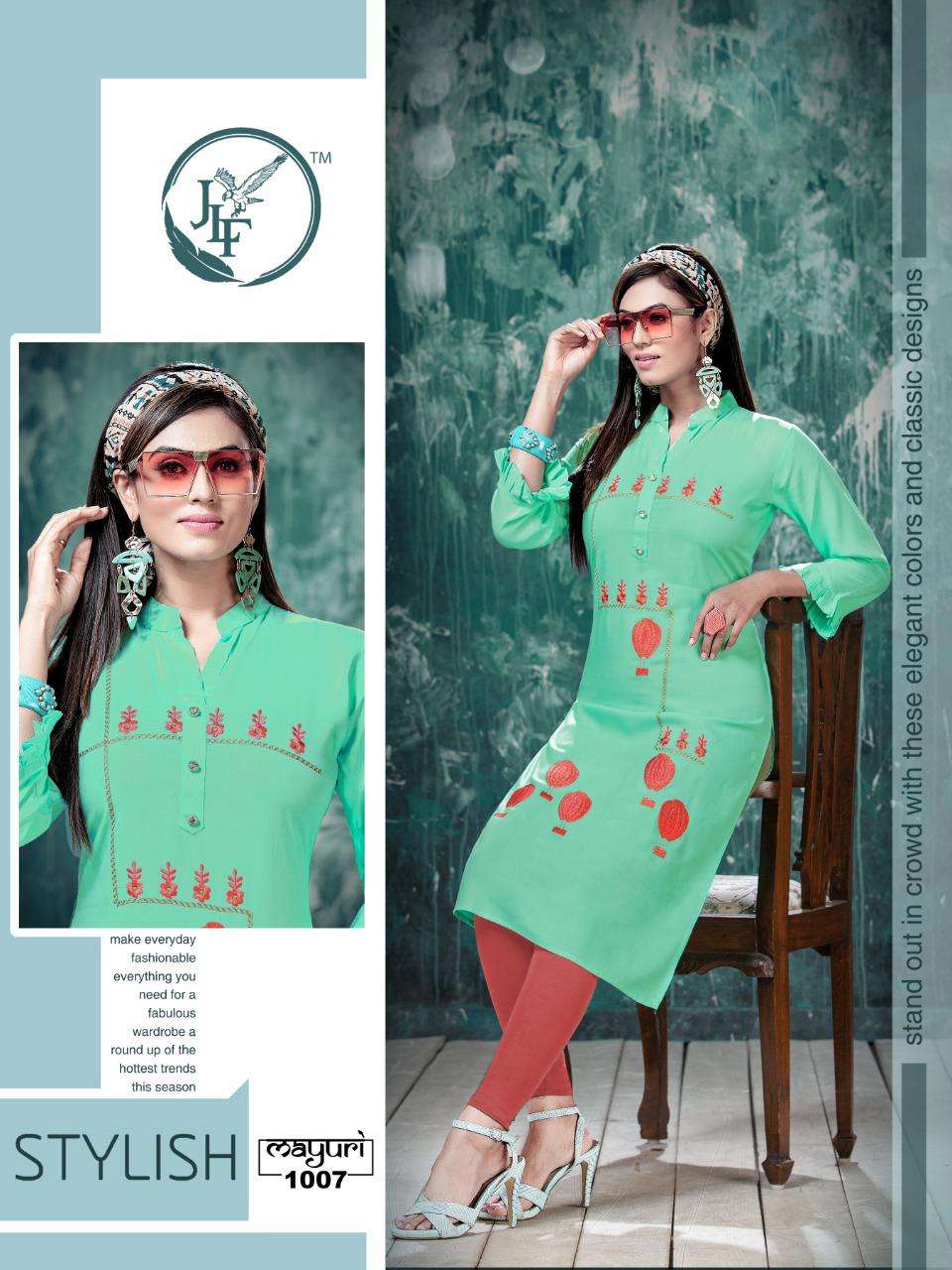 MAYURI BY JLF 1001 TO 1008 SERIES STYLISH FANCY BEAUTIFUL COLORFUL CASUAL WEAR & ETHNIC WEAR HEAVY RAYON EMBROIDERED KURTIS AT WHOLESALE PRICE