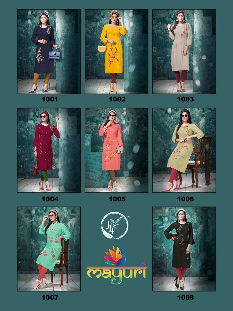 MAYURI BY JLF 1001 TO 1008 SERIES STYLISH FANCY BEAUTIFUL COLORFUL CASUAL WEAR & ETHNIC WEAR HEAVY RAYON EMBROIDERED KURTIS AT WHOLESALE PRICE