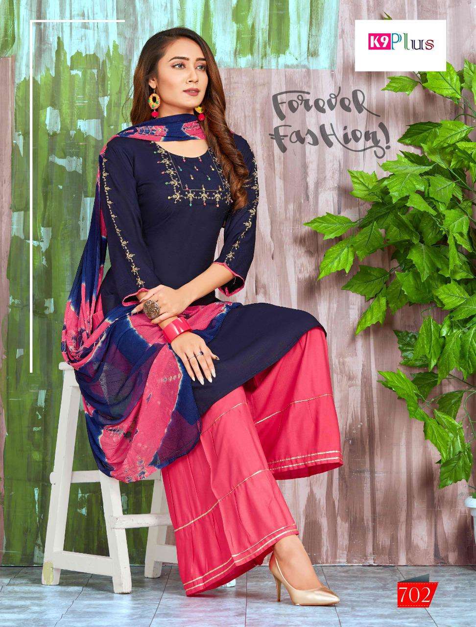 PLATINUM BY K9 PLUS 701 TO 708 SERIES BEAUTIFUL STYLISH FANCY COLORFUL CASUAL WEAR & ETHNIC WEAR RAYON EMBROIDERED DRESSES AT WHOLESALE PRICE